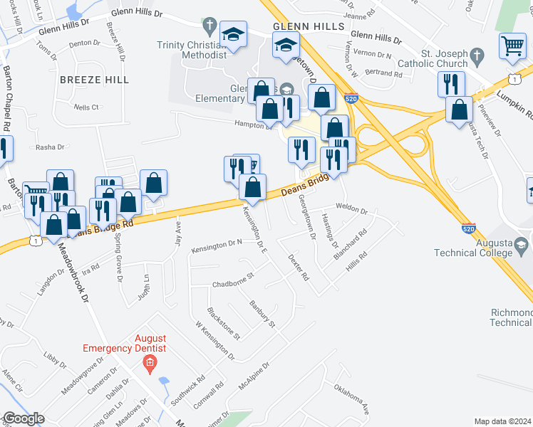 map of restaurants, bars, coffee shops, grocery stores, and more near 2500-2598 Perrin Road in Augusta