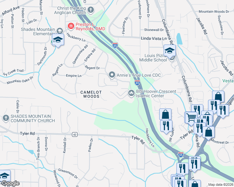 map of restaurants, bars, coffee shops, grocery stores, and more near 2518 Hackberry Lane in Hoover