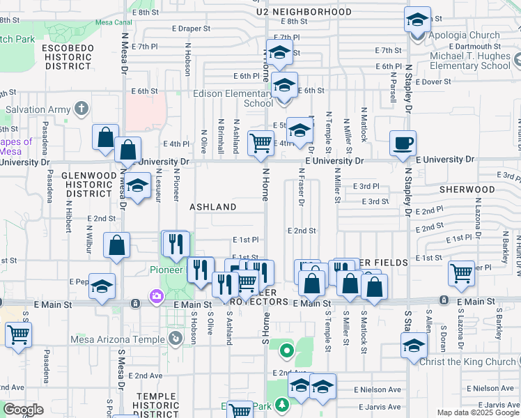 map of restaurants, bars, coffee shops, grocery stores, and more near 752 East 2nd Street in Mesa