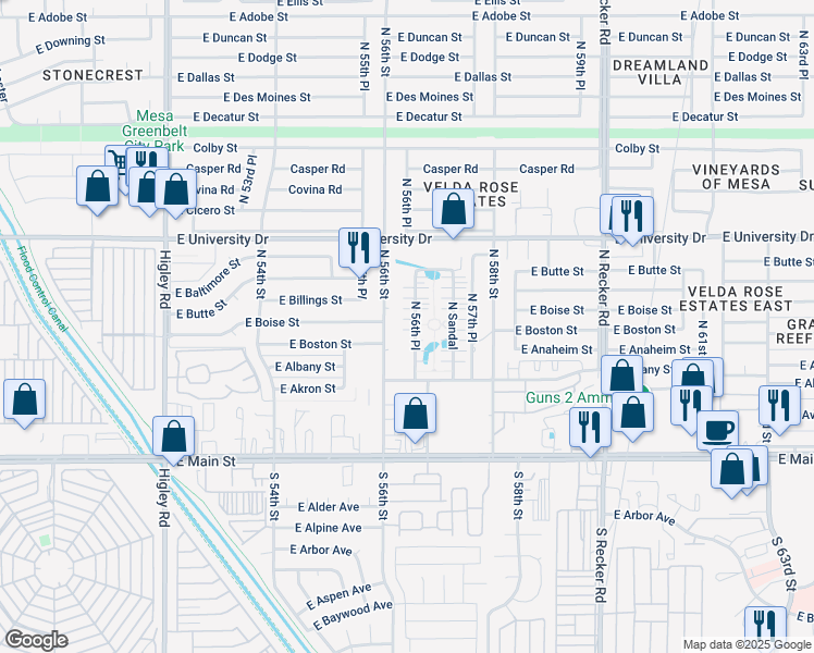 map of restaurants, bars, coffee shops, grocery stores, and more near 226 North 56th Place in Mesa