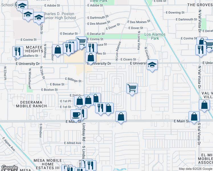 map of restaurants, bars, coffee shops, grocery stores, and more near 6th Street in Mesa