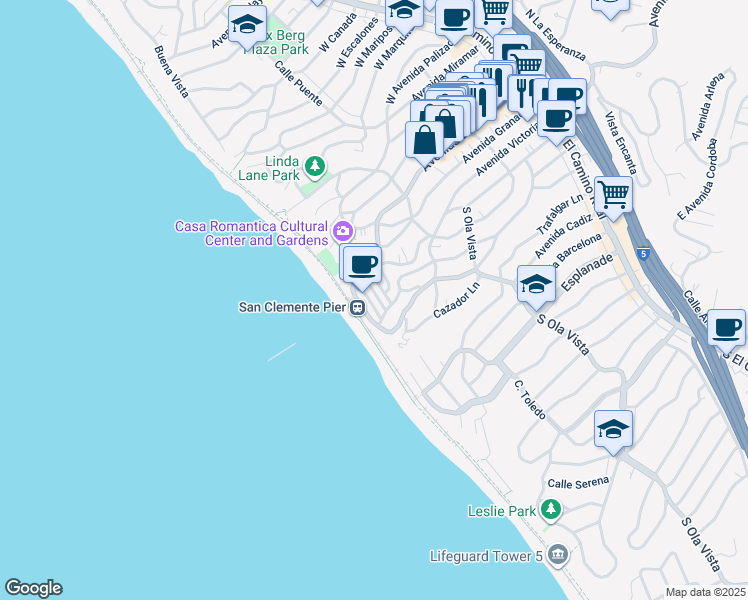 map of restaurants, bars, coffee shops, grocery stores, and more near 115 South Alameda Lane in San Clemente