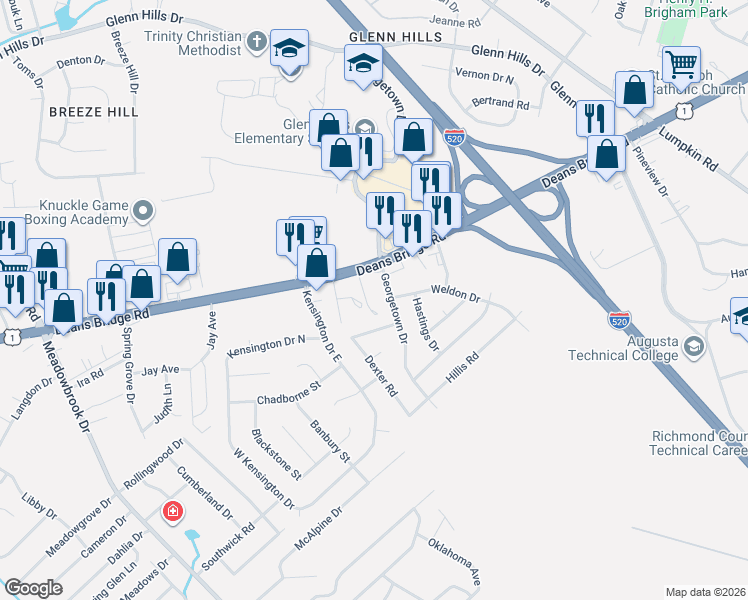 map of restaurants, bars, coffee shops, grocery stores, and more near 3232 Connie Drive in Augusta