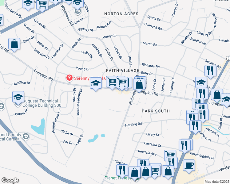 map of restaurants, bars, coffee shops, grocery stores, and more near 2322 Lumpkin Road in Augusta