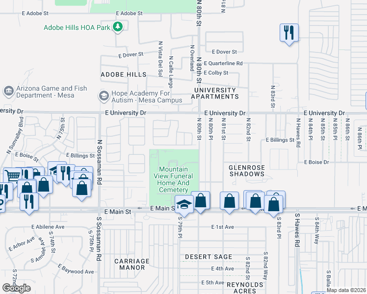 map of restaurants, bars, coffee shops, grocery stores, and more near 7931 East Boise Street in Mesa