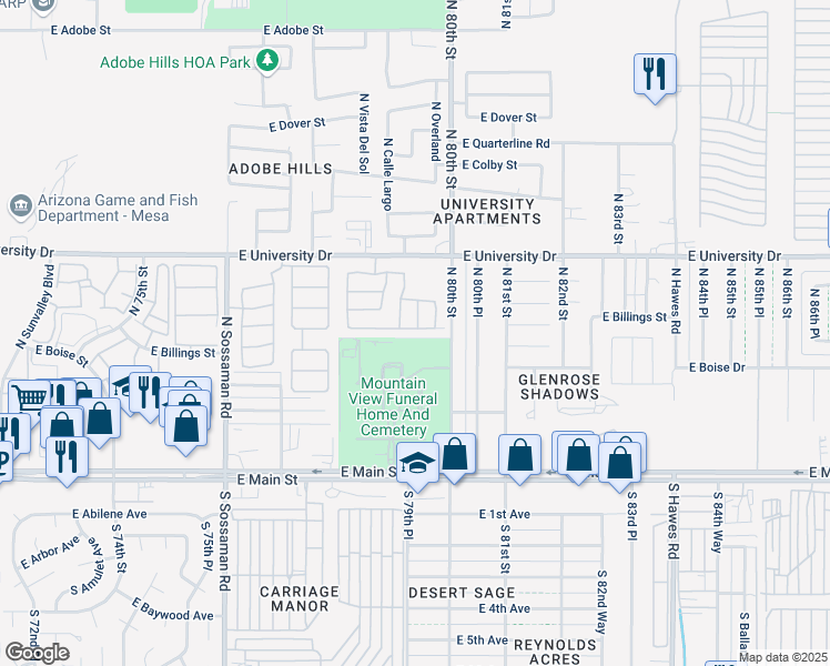 map of restaurants, bars, coffee shops, grocery stores, and more near 7931 East Boise Street in Mesa