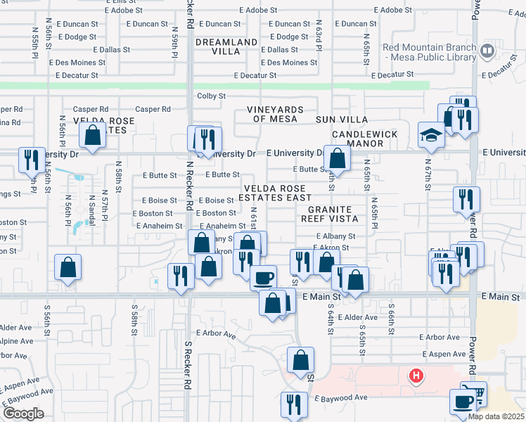 map of restaurants, bars, coffee shops, grocery stores, and more near 224 North 62nd Street in Mesa