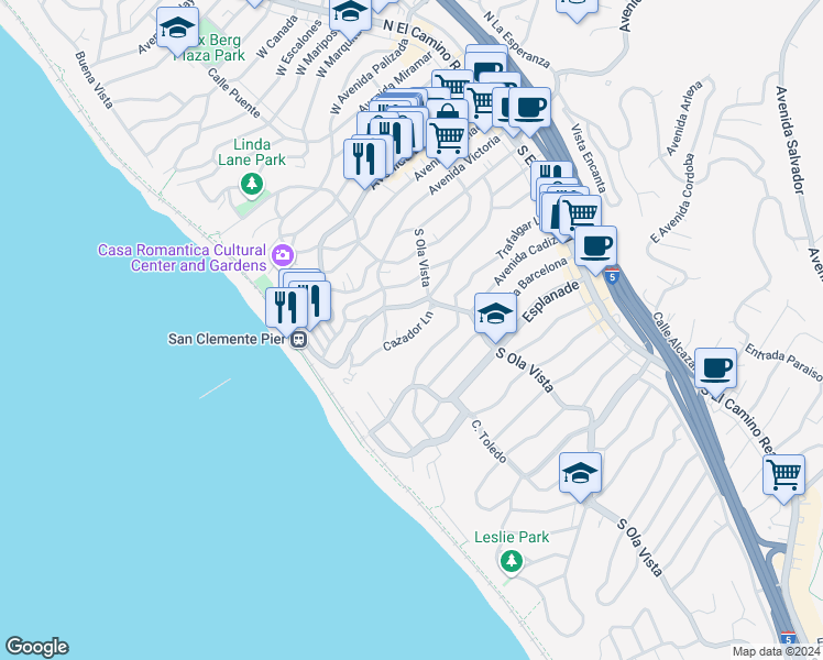 map of restaurants, bars, coffee shops, grocery stores, and more near 318 Cazador Lane in San Clemente