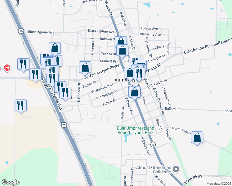 map of restaurants, bars, coffee shops, grocery stores, and more near 265 East Marshall Street in Van Alstyne