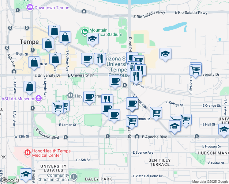 map of restaurants, bars, coffee shops, grocery stores, and more near 1001 South McAllister Avenue in Tempe