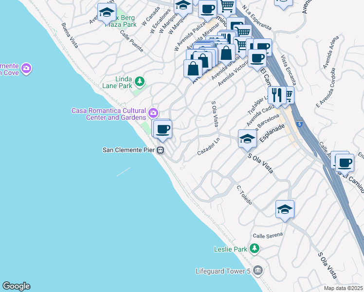 map of restaurants, bars, coffee shops, grocery stores, and more near 504 Monterey Lane in San Clemente