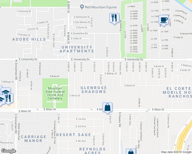 map of restaurants, bars, coffee shops, grocery stores, and more near 239 North 82nd Street in Mesa
