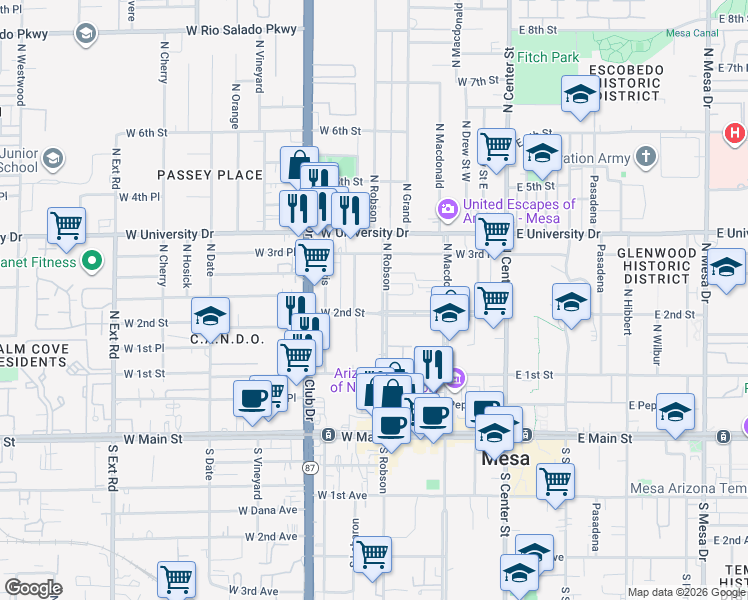 map of restaurants, bars, coffee shops, grocery stores, and more near 210 N Robson in Mesa