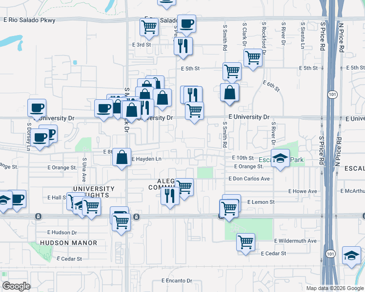 map of restaurants, bars, coffee shops, grocery stores, and more near 1905 East University Drive in Tempe