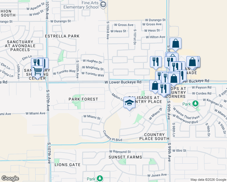 map of restaurants, bars, coffee shops, grocery stores, and more near 2833 South 103rd Drive in Tolleson