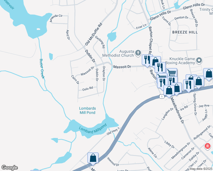 map of restaurants, bars, coffee shops, grocery stores, and more near 2634 Drayton Drive in Augusta