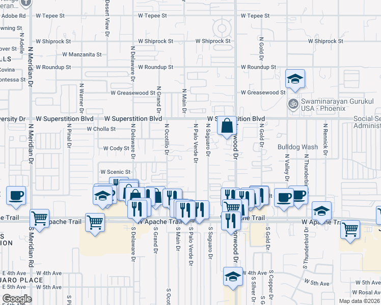 map of restaurants, bars, coffee shops, grocery stores, and more near 516 North Palo Verde Drive in Apache Junction