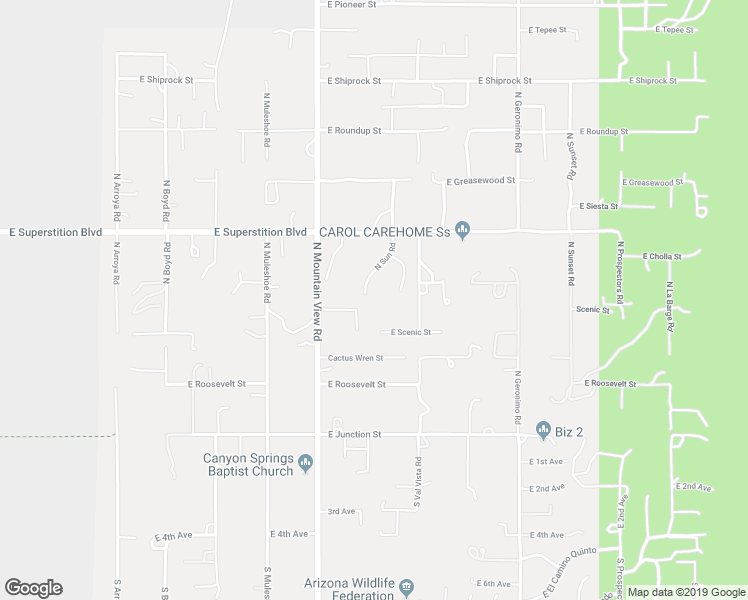map of restaurants, bars, coffee shops, grocery stores, and more near 531 North Sun Road in Apache Junction
