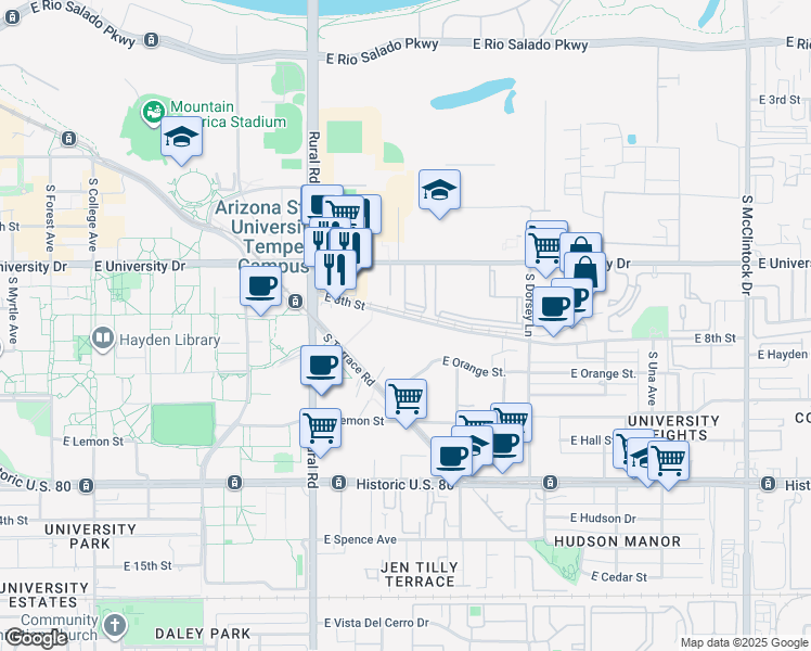 map of restaurants, bars, coffee shops, grocery stores, and more near 1005 East 8th Street in Tempe