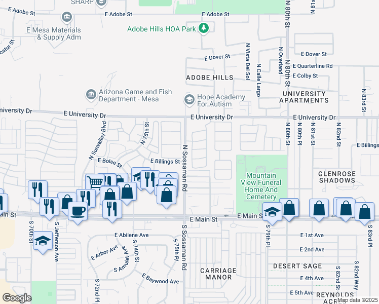 map of restaurants, bars, coffee shops, grocery stores, and more near 238 North Seymour in Mesa