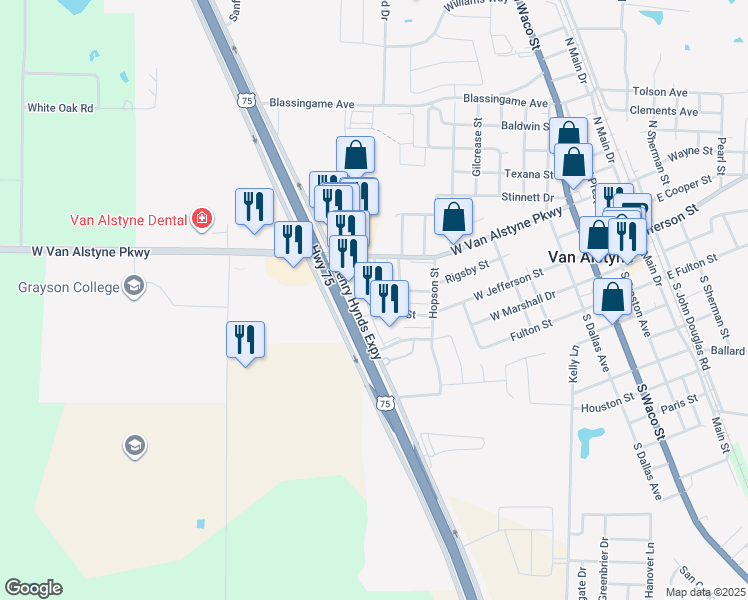 map of restaurants, bars, coffee shops, grocery stores, and more near 719 West Jefferson Street in Van Alstyne