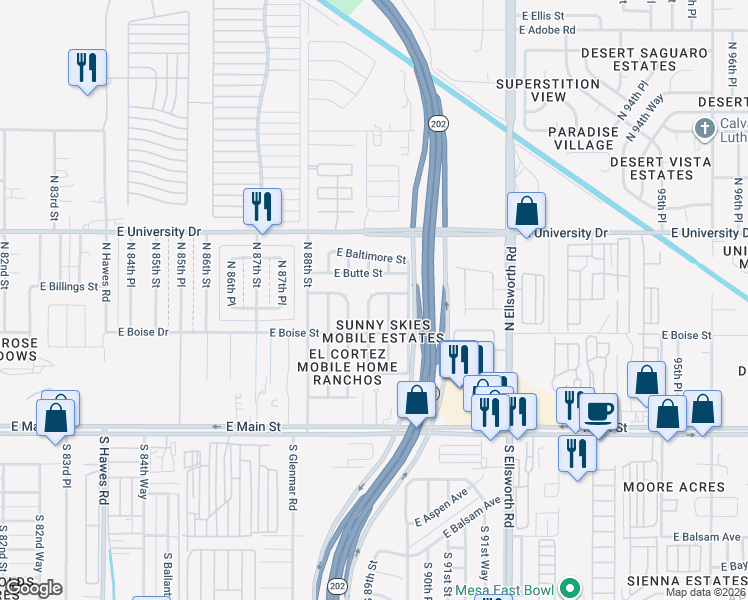 map of restaurants, bars, coffee shops, grocery stores, and more near 249 North 89th Street in Mesa