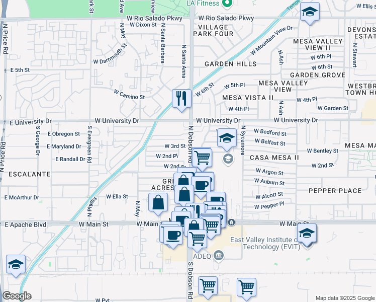 map of restaurants, bars, coffee shops, grocery stores, and more near 252 North Dobson Road in Mesa