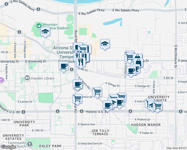 map of restaurants, bars, coffee shops, grocery stores, and more near 1005 East 8th Street in Tempe