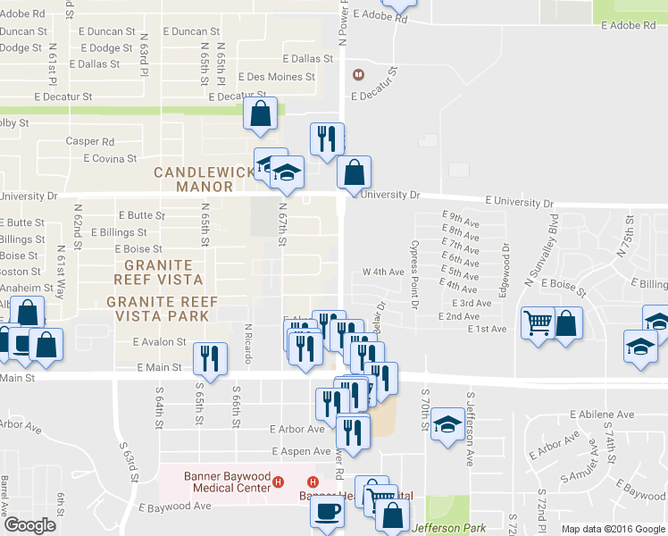 map of restaurants, bars, coffee shops, grocery stores, and more near 238 North Power Road in Mesa