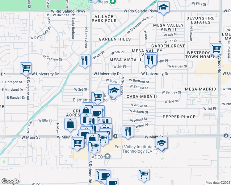 map of restaurants, bars, coffee shops, grocery stores, and more near 255 North Cholla in Mesa
