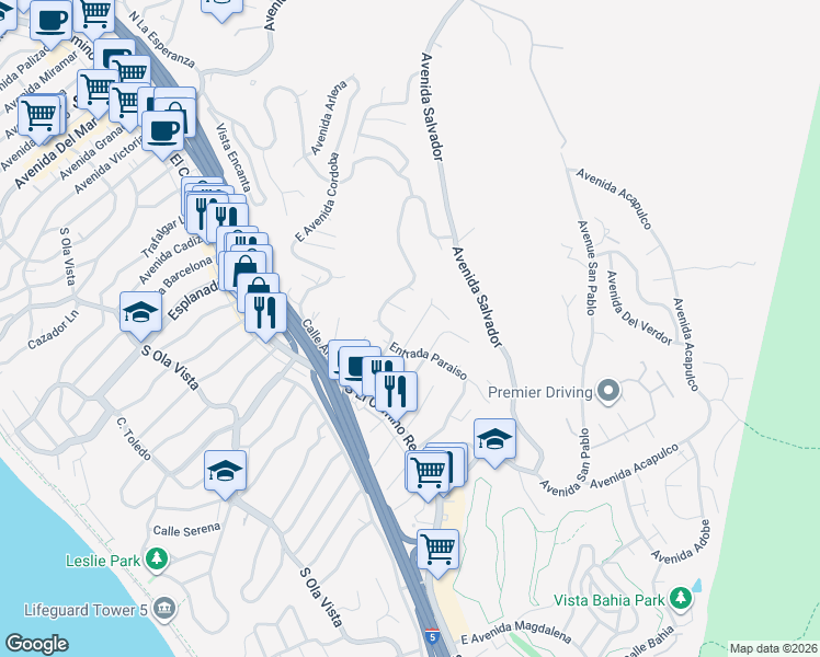 map of restaurants, bars, coffee shops, grocery stores, and more near 207 Cerrito Cielo in San Clemente