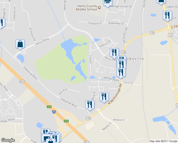 map of restaurants, bars, coffee shops, grocery stores, and more near 266 Long Drive in McDonough
