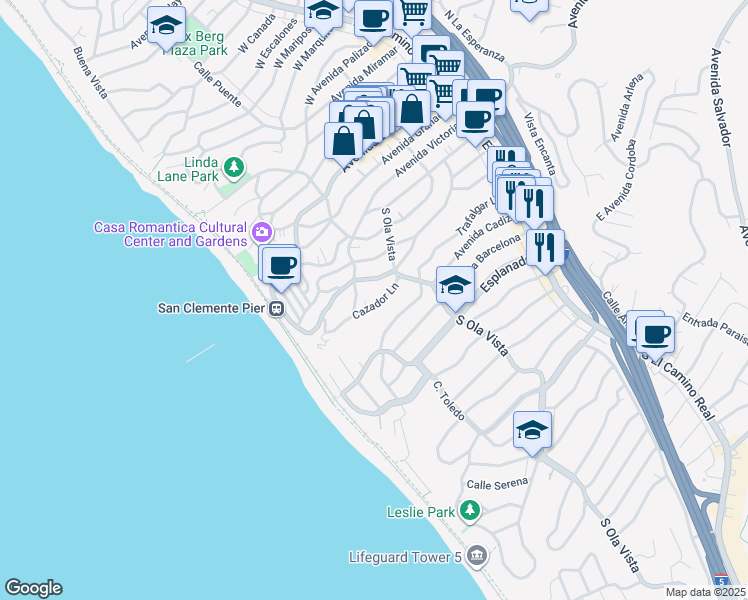 map of restaurants, bars, coffee shops, grocery stores, and more near 318 Cazador Lane in San Clemente