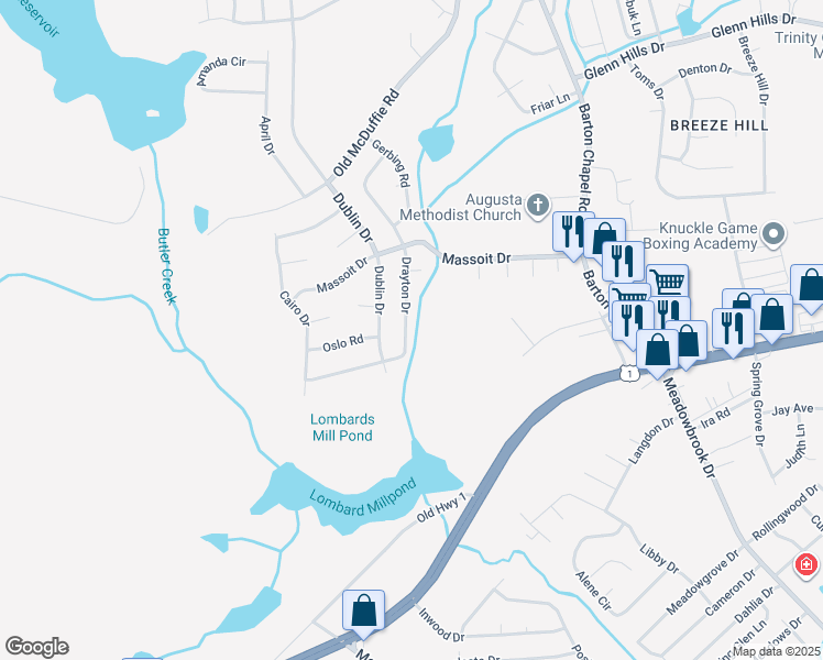 map of restaurants, bars, coffee shops, grocery stores, and more near 2634 Drayton Drive in Augusta