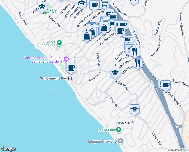 map of restaurants, bars, coffee shops, grocery stores, and more near 318 Cazador Lane in San Clemente