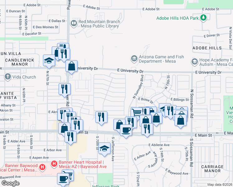 map of restaurants, bars, coffee shops, grocery stores, and more near East 6th Avenue in Mesa