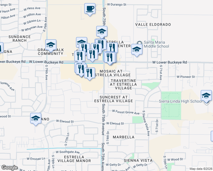 map of restaurants, bars, coffee shops, grocery stores, and more near 3112 South 74th Lane in Phoenix