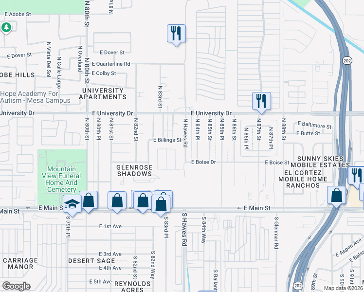 map of restaurants, bars, coffee shops, grocery stores, and more near 8321 East Billings Street in Mesa