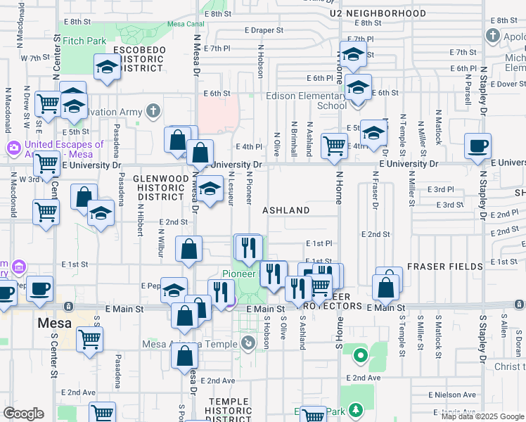 map of restaurants, bars, coffee shops, grocery stores, and more near 248 North Hobson in Mesa