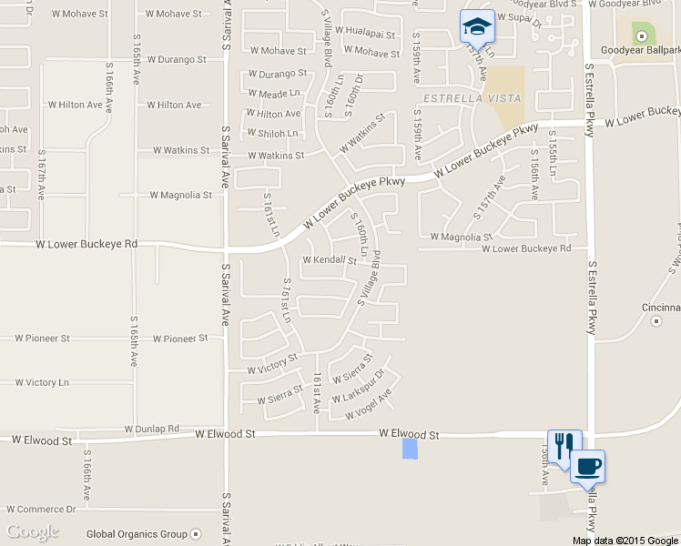 map of restaurants, bars, coffee shops, grocery stores, and more near 16068 West Winslow Avenue in Goodyear