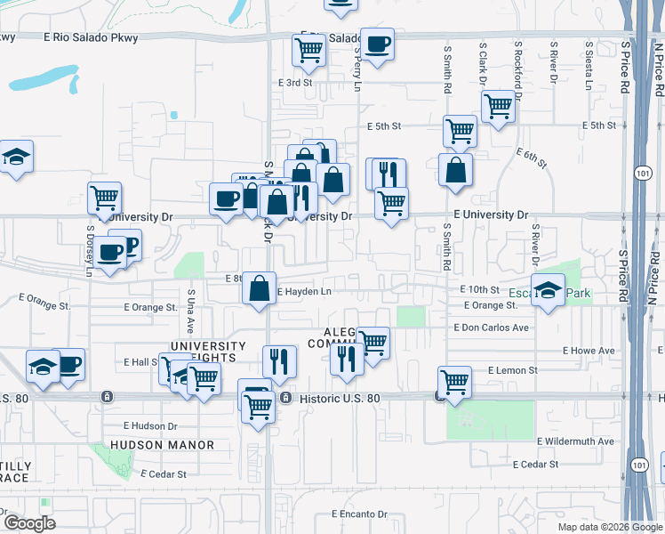 map of restaurants, bars, coffee shops, grocery stores, and more near 1851 East Kirkland Lane in Tempe