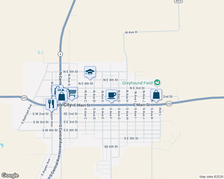 map of restaurants, bars, coffee shops, grocery stores, and more near 701-799 North East 3rd Street in Knox City