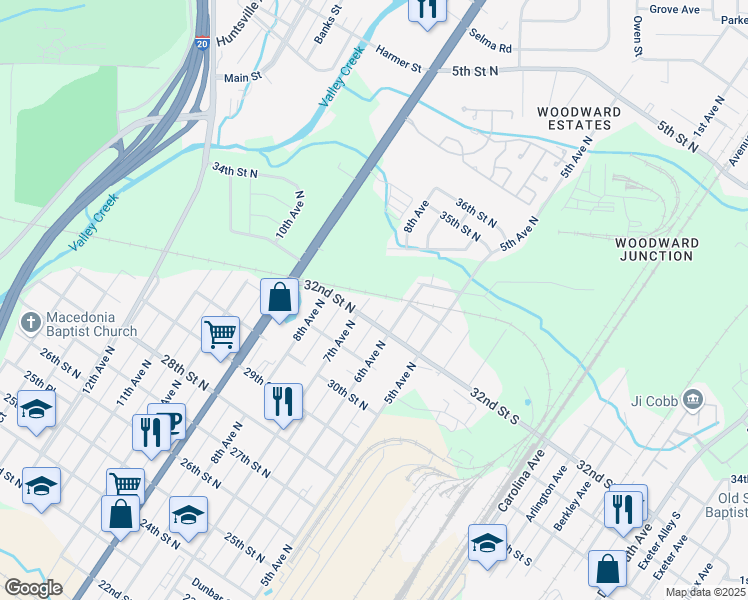 map of restaurants, bars, coffee shops, grocery stores, and more near 3227 7th Avenue North in Bessemer