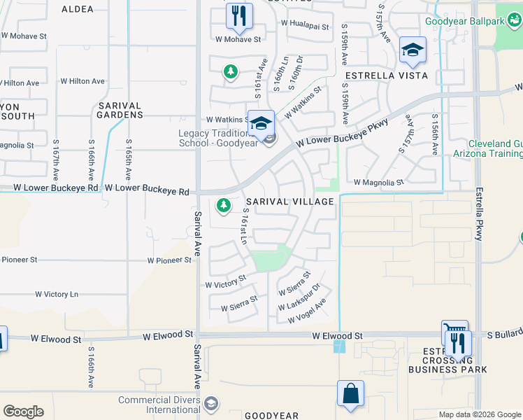 map of restaurants, bars, coffee shops, grocery stores, and more near 16108 W Winslow Ave in Goodyear