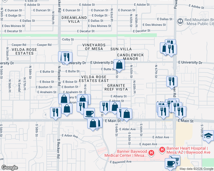 map of restaurants, bars, coffee shops, grocery stores, and more near 6324 East Boston Street in Mesa