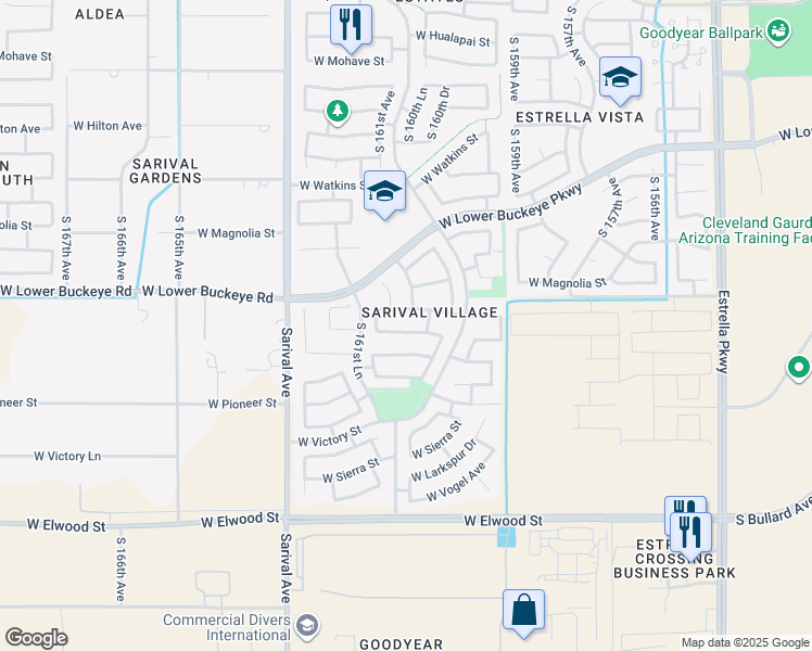 map of restaurants, bars, coffee shops, grocery stores, and more near 16068 West Winslow Avenue in Goodyear