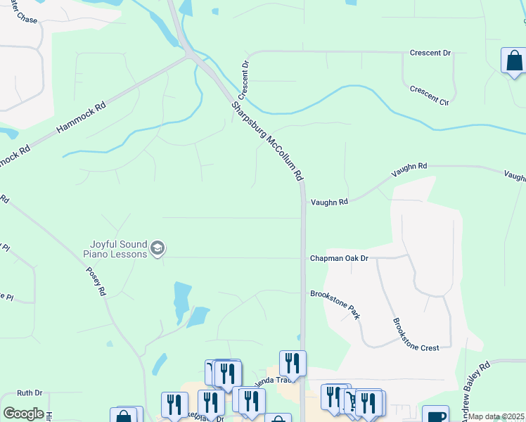 map of restaurants, bars, coffee shops, grocery stores, and more near 65 Pilgrim Way in Newnan