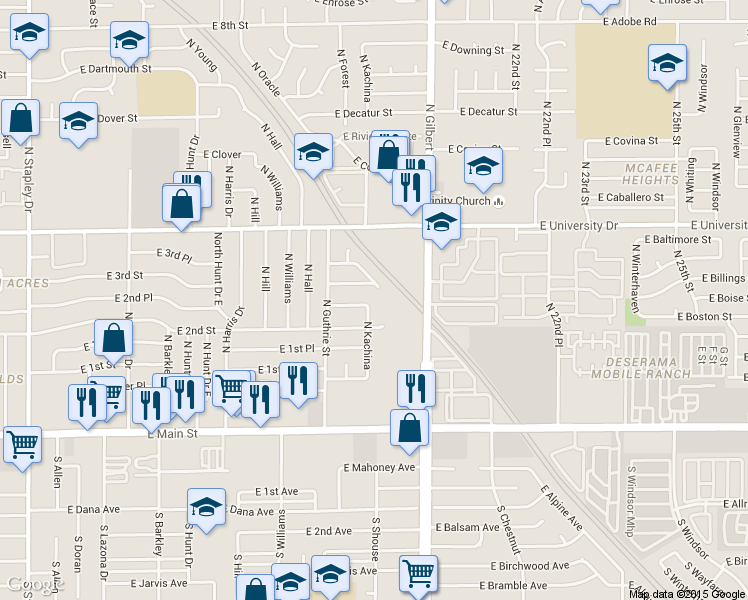map of restaurants, bars, coffee shops, grocery stores, and more near 243 North Kachina in Mesa