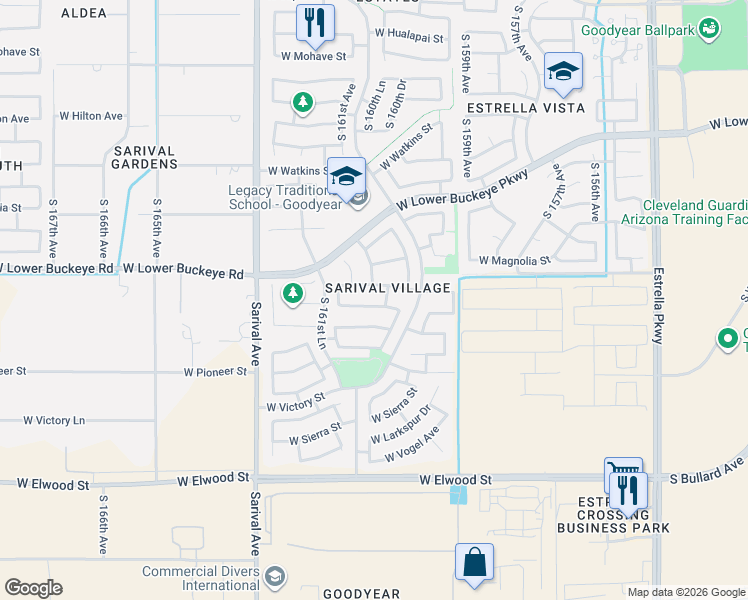 map of restaurants, bars, coffee shops, grocery stores, and more near 16068 West Winslow Avenue in Goodyear