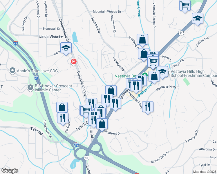 map of restaurants, bars, coffee shops, grocery stores, and more near 3032 Massey Road in Vestavia Hills